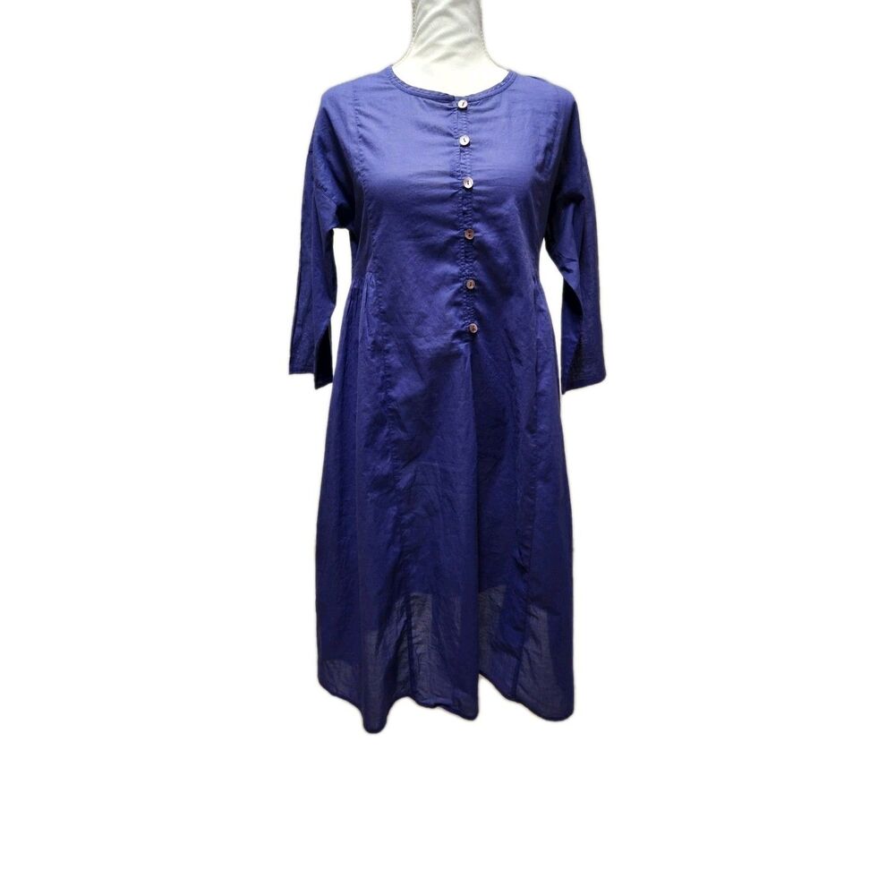 Gudrun Sjoden Blue Organic Cotton Smock Dress Lagenlook Boho Size XS